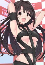  :d alternate_hairstyle arm_strap armband armpits arms_behind_head arms_up black_armband black_hair blush bondage_outfit breasts brown_eyes collarbone cosplay dot_nose fashion_center_shimamura female highres hot_limit idolmaster idolmaster_cinderella_girls idolmaster_cinderella_girls_starlight_stage long_hair looking_at_viewer medium_breasts midriff nishikawa_takanori nishikawa_takanori_(cosplay) open_mouth rauto revealing_clothes shimamura_uzuki smile solo standing t.m.revolution underboob upper_body wristband 