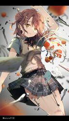  arm_up black_border blue_shirt blurry blurry_foreground bone border braid brown_sweater_vest chinese_lantern_(plant) collared_shirt commentary_request feet_out_of_frame female floating floating_object flower hair_bun hair_flower hair_ornament hairclip highres looking_at_viewer love_live! love_live!_nijigasaki_high_school_idol_club makura_(makura0128) medium_hair neck_ribbon orange_hair parted_lips pleated_skirt red_ribbon ribbon ribs sad shirt short_sleeves single_side_bun skirt solo sweater_vest tearing_up teeth translation_request twitter_username uehara_ayumu yellow_eyes 