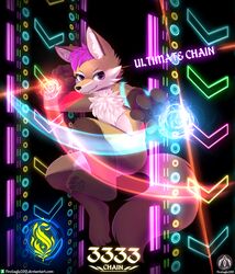  2019 absurd_res ambiguous_gender anthro bemani canid canine canis colorful_theme combo_meter confident detailed_background extinct gameplay_mechanics hair hi_res japanese_wolf konami laser mammal marou midair number purple_eyes purple_hair recently_extinct_species rhythm_game senz solo sound_voltex text url wolf y2k_(graphic_design) 