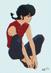  1boy absurdres black_footwear black_hair black_pants blue_eyes braid braided_ponytail chama_kou closed_mouth commentary full_body highres looking_to_the_side male_focus on_floor pants ranma_1/2 red_shirt saotome_ranma shirt shoes signature simple_background sitting solo 