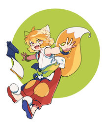  animal_ears circle dated female fox_ears fox_girl fox_tail full_body highres luo_xiaohei_zhanji medium_hair oerba_yun_fang open_mouth orange_hair outstretched_arms pants red_footwear red_pants ruoshui_(the_legend_of_luoxiaohei) shirt shoes sleeveless sleeveless_shirt smile solo tail twitter_username vox 