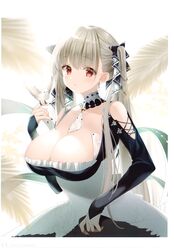  absurdres animal azur_lane bare_shoulders between_breasts bird bird_on_hand black_dress black_nails bow breasts cleavage closed_mouth collarbone commentary detached_collar dress earrings female formidable_(azur_lane) frilled_dress frills futaba_miwa grey_hair hair_ornament hairbow hand_up highres jewelry large_breasts long_hair long_sleeves looking_at_viewer nail_polish page_number parted_lips red_eyes scan simple_background tied_hair upper_body water water_drop 