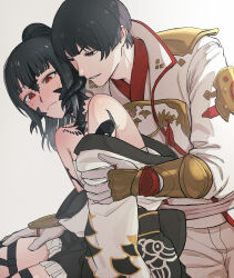  1boy 1other absurdres asahi_sas_brutus au_ra black_eyes black_hair black_horns black_scales blunt_bangs blush bowl_cut commentary dragon_horns english_commentary final_fantasy final_fantasy_xiv fire_meruchan gloves hand_on_another's_thigh high_ponytail highres holding horns hyur izumi_tol_amulius japanese_clothes kimono long_hair open_mouth original other_with_male ponytail red_eyes scales short_hair smile sweat white_background 