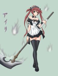  airi airi_(queen&#039;s_blade) an-bl bare_shoulders breasts green_eyes highres long_hair maid maid_headdress queen&#039;s_blade red_hair ribbon scythe thighhighs twintails 