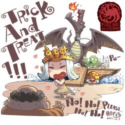  1boy 2girls a_song_of_ice_and_fire andorlier animification blush boat chibi commentary_request crown daenerys_targaryen dragon dress drogon fangs gold heart illyrio_mopatis long_hair molten_metal multiple_girls rhaegal viserion viserys_targaryen watercraft western_dragon white_hair 