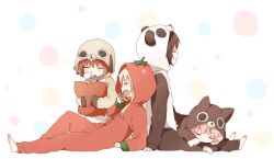  4girls akaza_akari animal_costume bad_id bad_pixiv_id barefoot black_hair blonde_hair buttons cat_costume closed_eyes commentary_request dog_costume funami_yui hood hugging_object multiple_girls namori nose_bubble oerba_yun_fang open_mouth pajamas panda_costume pillow pillow_hug pink_hair red_hair simple_background sleeping tomato_costume toshinou_kyouko yawning yoshikawa_chinatsu yuru_yuri 