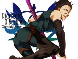  1boy ahoge ass bad_id bad_pixiv_id bare_shoulders black_hair character_name command_spell diarmuid_ua_duibhne_(lancer)_(fate) fate/zero fate_(series) male_focus mole mole_under_eye polearm s_gentian solo spear weapon yellow_eyes 