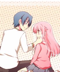  1boy angel_beats! blue_eyes blue_hair commentary_request couple female hinata_hideki kousetsu long_hair pink_hair short_hair straight veil yui_(angel_beats!) 