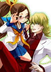  1boy barnaby_brooks_jr. bespectacled blonde_hair braid braided_bangs brown_eyes brown_hair commentary_request emi_(penguin908) female formal glasses green_eyes kaburagi_kaede long_hair necktie necktie_grab neckwear_grab one_side_up photoshop_(medium) ponytail school_uniform serafuku suit tiger_&amp;_bunny 