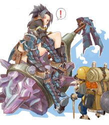  ! alternate_color armor backpack bag belt_pouch blue_hair boots commentary_request crystal felyne female hard_hat helmet monster_hunter_(character) monster_hunter_(series) photoshop_(medium) ponytail pouch putting_on_boots putting_on_shoes rathalos_(armor) red_eyes sanzhuangwangcat thigh_boots thighhighs undressing 