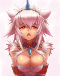  armband armor blush breasts cleavage commentary_request drooling female hairband horns jewelry kirin_(armor) large_breasts monster_hunter_(character) monster_hunter_(series) necktie open_mouth photoshop_(medium) red_eyes saliva single_horn solo sweat tsukigami_chronica white_hair 