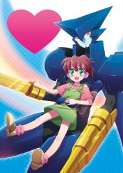  1boy :d arm_cannon armor asagi_marin bare_legs brigadoon brown_hair commentary_request female glasses green_eyes heart helmet high_ponytail melan_blue open_mouth ponytail rainbow red_eyes shoes short_hair skirt smile socks tetsukuzu_tetsuko weapon 