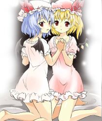  2girls alternate_costume bad_id bad_pixiv_id barefoot bat_wings blonde_hair blue_hair chemise flandre_scarlet hat highres holding_hands jpeg_artifacts kneeling looking_at_viewer looking_back multiple_girls natsupa nightgown red_eyes remilia_scarlet resized short_hair siblings sisters symmetrical_hand_pose touhou upscaled wings 