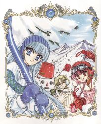  1990s_(style) 3girls ^_^ blonde_hair blue_eyes blue_hair braid clamp_(circle) closed_eyes coat glasses gloves goggles goggles_on_head group_picture hairband hat hououji_fuu long_hair magic_knight_rayearth mountain multiple_girls official_art pink_hair retro_artstyle round_eyewear ryuuzaki_umi scan shidou_hikaru short_hair skiing skis smile snow snowman 