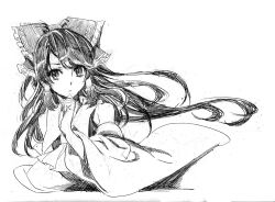  bow commentary_request detached_sleeves female graphite_(medium) greyscale hair_tubes hairbow hakurei_reimu long_hair monochrome nobita_(makoto7060355) solo touhou traditional_media 