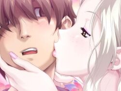  brown_hair freckles gray_hair grey_hair hand_on_another&#039;s_face happoubi_jin kissing nail_polish pale_skin pink_nails resort_boin shinjou_kanae white_skin yellow_eyes 