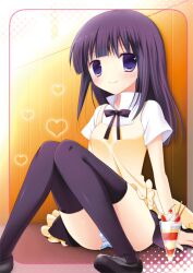  aono_ribbon apron arm_support bad_id bad_pixiv_id black_thighhighs female heart long_hair looking_at_viewer panties pantyshot parfait photoshop_(medium) purple_eyes purple_hair shoes sitting skirt solo striped_clothes striped_panties thighhighs tsurime underwear waitress working!! yamada_aoi 