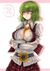  ascot belt between_breasts blush breast_hold breasts cleavage commentary_request crossed_arms female flower green_hair kazami_yuuka large_breasts nail_polish panzer_(p.z) red_eyes short_hair solo sunflower tears touhou 