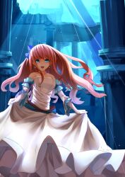  aqua_eyes bad_id bad_pixiv_id bare_shoulders dress earrings female gloves highres jewelry light_rays open_mouth original pink_hair skirt_hold smile solo sunbeam sunlight wedding_dress yoo_(tabi_no_shiori) 