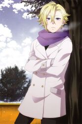  1boy against_tree blonde_hair breath coat commentary_request crossed_arms daryl_yan gloves guilty_crown male_focus mittens nakamura_hiro_(nobody10ch) outdoors photoshop_(medium) purple_eyes scarf solo tree winter winter_clothes 