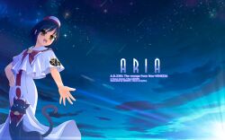  aika_granzchesta aria_(manga) bad_deviantart_id bad_id black_cat blouse blue_hair blue_theme copyright_name dress feline female genshi hand_on_own_hip hime_granzchesta himeya_company_uniform logo long_dress night night_sky outstretched_hand photoshop_(medium) sailor_collar shirt short_sleeves sky solo star_(sky) starry_sky sunlight uniform white_dress white_shirt 