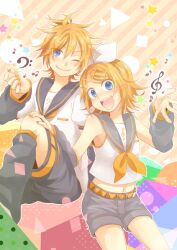  1boy bad_id bad_pixiv_id blonde_hair blue_eyes brother_and_sister female hair_ornament hair_ribbon hairclip kagamine_len kagamine_rin one_eye_closed open_mouth photoshop_(medium) ribbon short_hair siblings smile suzumi_(fallxalice) twins vocaloid 