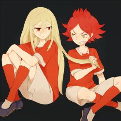  2boys afuro_terumi blonde_hair commentary fire_dragon_(inazuma_eleven) inazuma_eleven inazuma_eleven_(series) l_hakase long_hair multiple_boys nagumo_haruya red_eyes red_hair short_hair sitting smile soccer_uniform sportswear symbol-only_commentary yellow_eyes 