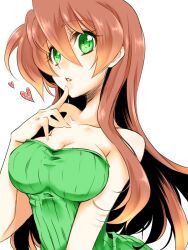  aged_up asagi_marin bare_shoulders breasts brigadoon brown_hair commentary_request female finger_to_mouth green_eyes heart long_hair medium_breasts shino-o solo 