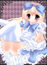  alice_(alice_in_wonderland) blonde_hair blush bow commentary_request dress female gloves hairbow himemiya_niina long_hair original panties purple_eyes solo thighhighs underwear 