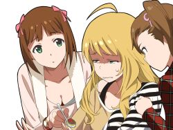  3girls a1_(initial-g) ahoge amami_haruka bad_food blonde_hair bow breasts brown_eyes brown_hair cleavage food futami_mami green_eyes hairbow hasegawa_akiko hoshii_miki idolmaster idolmaster_(classic) long_hair multiple_girls nakamura_eriko parody photoshop_(medium) real_life shimoda_asami short_hair side_ponytail small_breasts striped sweatdrop voice_actor_connection watch wavy_mouth 