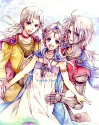  2boys blue_eyes cape choker commentary_request copyright_name dress fantastic_children female group_picture happy long_hair mochineko multiple_boys photoshop_(medium) ponytail sesu soran tiara tina_(fantastic_children) white_hair 