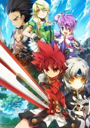  2boys 3girls aisha_landar another_code_(elsword) black_capelet black_hair capelet choker dress elsword elsword_(character) eve_(elsword) gloves green_eyes green_hair group_picture hair_tubes happy knight_(elsword) long_hair magician_(elsword) multiple_boys multiple_girls necktie no_nose official_art one_eye_closed purple_eyes purple_hair ranger_(elsword) raven_cronwell red_eyes red_hair rena_erindel ress scar serious short_hair shorts spiked_hair sword taker_(elsword) topless_male weapon white_hair yellow_eyes 