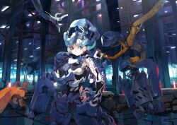  armor bare_shoulders bodysuit commentary cyborg female mecha_musume mechanical_arms mega_man_(series) photoshop_(medium) pump_(pumpqmuq) red_eyes science_fiction single_mechanical_arm solo white_hair 