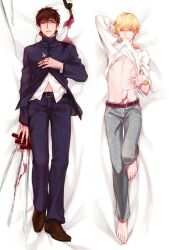  2boys alcohol bad_id bad_pixiv_id barefoot bed_sheet belt black_keys_(type-moon) blonde_hair bracelet brown_eyes brown_hair clothes_lift command_spell cross cup dakimakura_(medium) drinking_glass fate/stay_night fate/zero fate_(series) gilgamesh_(fate) jewelry kotomine_kirei male_focus midriff multiple_boys necklace official_alternate_costume photoshop_(medium) red_eyes shirt_lift snake_print wine wine_glass yuuto_(sky_cloister) 