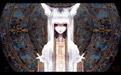  albino animal_ears banpai_akira collarbone female fox_ears highres japanese_clothes kimono kono_lolicon_domome letterboxed long_hair open_clothes open_kimono original red_eyes solo tattoo translated white_hair 