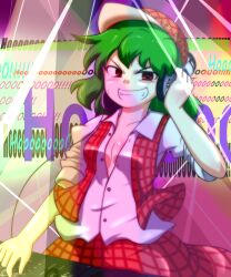  baseball_cap breasts cleavage commentary_request dj dress female green_hair grin hat headphones headphones_over_headwear highres kazami_yuuka konokiya open_clothes open_shirt phonograph plaid plaid_skirt plaid_vest red_eyes shirt skirt skirt_set sleeves_pushed_up small_breasts smile solo sweat touhou turntable unbuttoned vest 