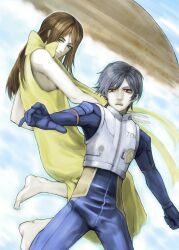  1boy barefoot bow brown_eyes brown_hair commentary_request dress female grey_hair highres kamina_ayato long_hair mishima_reika okitsune_(kitsunegako) pilot_suit rahxephon red_eyes short_hair sundress 