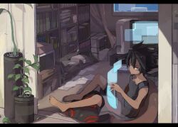  1boy bad_id bad_pixiv_id barefoot bedroom black_eyes black_hair bookshelf curved_monitor eska_bamel facial_mark floating_screen holographic_monitor inazuma_eleven inazuma_eleven_(series) indoors male_focus monitor plant potted_plant sitting solo tukushi2 