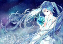  aqua_eyes aqua_hair bare_shoulders commentary_request female flower globe hatsune_miku highres long_hair necktie photoshop_(medium) retsuna scrunchie skirt smile solo twintails very_long_hair vocaloid 