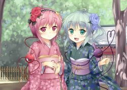  2girls ahoge alternate_costume alternate_hairstyle bad_id bad_pixiv_id blue_flower blue_rose flower green_hair hair_flower hair_ornament hairband japanese_clothes kimono komeiji_koishi komeiji_satori light_smile looking_at_viewer multiple_girls pink_eyes pink_hair rasahan red_flower red_rose rose short_hair siblings sisters smile third_eye touhou upper_body 