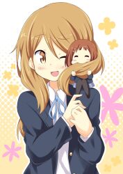  2girls ;d blazer brown_eyes brown_hair chibi commentary_request dekosuke eating_hair extra hirasawa_yui jacket k-on! long_hair mini_person minigirl multiple_girls one_eye_closed open_mouth sakuragaoka_high_school_uniform school_uniform smile tachibana_himeko 