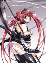  airi_(queen&#039;s_blade) airi_(the_infernal_temptress) apron ass black_bow black_thighhighs blush bow bra breasts butt_crack commentary_request dress female frills from_behind gradient_background hairbow long_hair looking_at_viewer looking_back maid maid_headdress medium_breasts mi_mori_nana_tsutomu panties puffy_sleeves queen&#039;s_blade red_hair scythe shiny_skin short_sleeves skirt solo standing thighhighs twintails underwear waist_apron white_bra white_panties wrist_cuffs 