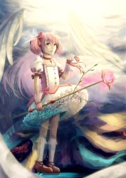  bad_id bad_pixiv_id bow bow_(weapon) bubble_skirt dol_rotzu_(cirque07) female gimp_(medium) gloves hairbow highres kaname_madoka kaname_madoka_(magical_girl) magical_girl mahou_shoujo_madoka_magica mahou_shoujo_madoka_magica_(anime) pink_eyes pink_hair ribbon short_twintails skirt solo tears twintails weapon white_gloves white_legwear wings 