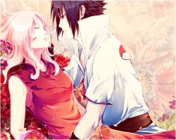  1boy black_hair commission couple female flower imminent_kiss kivi1230 lips naruto naruto_(series) naruto_shippuuden pink_hair red_flower red_rose rose sakura_haruno straight uchiha_sasuke 