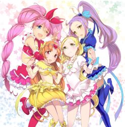  4girls arm_warmers blonde_hair blue_choker blue_eyes blue_skirt blue_thighhighs boots bow brown_hair bubble_skirt choker commentary_request cure_beat cure_melody cure_muse_(yellow) cure_rhythm flat_chest frilled_skirt frills green_eyes hair_ornament houjou_hibiki kurokawa_eren long_hair magical_girl midriff mikurou_(nayuta) minamino_kanade multiple_girls one_eye_closed pink_bow pink_hair pink_wrist_cuffs ponytail precure purple_hair red_eyes seiren_(suite_precure) shirabe_ako skirt smile star_(symbol) suite_precure thigh_boots thighhighs twintails v very_long_hair white_choker wrist_cuffs yellow_bow yellow_eyes 