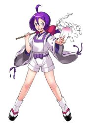  ahoge artist_request bakumatsu_rouman bare_legs female full_body gohei ichijou_akari japanese_clothes official_art onmyouji oonusa ponytail purple_eyes purple_hair sandals shikigami short_hair shorts simple_background smile snk solo tabi tachi-e white_background white_shorts 