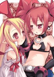  2girls bad_id bad_pixiv_id bat_wings blonde_hair blush demon_girl detached_sleeves disgaea earrings elbow_gloves etna_(disgaea) flat_chest flonne flonne_(fallen_angel) gloves hair_ribbon jewelry long_hair multiple_girls photoshop_(medium) pointy_ears red_eyes red_hair ribbon short_hair suizenji_juuzou twintails wings 