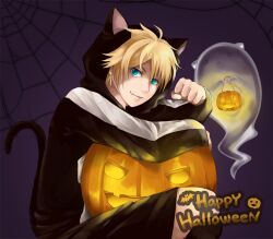  allblue0511 androgynous animal_ears blonde_hair blue_eyes cat_ears cat_tail commentary_request fake_animal_ears female ghost halloween happy_halloween hood hoodie jack-o&#039;-lantern leo_kliesen oerba_yun_fang photoshop_(medium) pumpkin reverse_trap short_hair silk solo spider_web tail tekken track_suit 