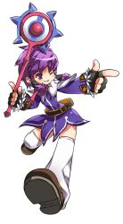  aisha_landar belt black_gloves elsword female fingerless_gloves full_body gloves grin hair_tubes highres holding holding_wand magician_(elsword) necktie no_nose official_art one_eye_closed photoshop_(medium) pointing purple_eyes purple_hair purple_skirt ress shoes short_hair sidelocks skirt smile solo staff thighhighs wand white_background white_thighhighs zettai_ryouiki 