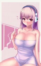  blush breasts cleavage commentary_request female headphones highres large_breasts nitroplus pink_hair red_eyes saiste solo super_sonico 